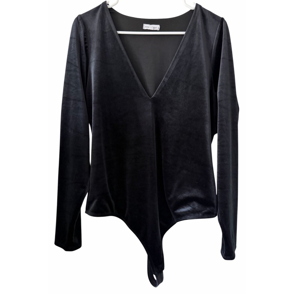 Good American Plunge Neck Velvet Long Sleeve Bodysuit Black Women's Size 4